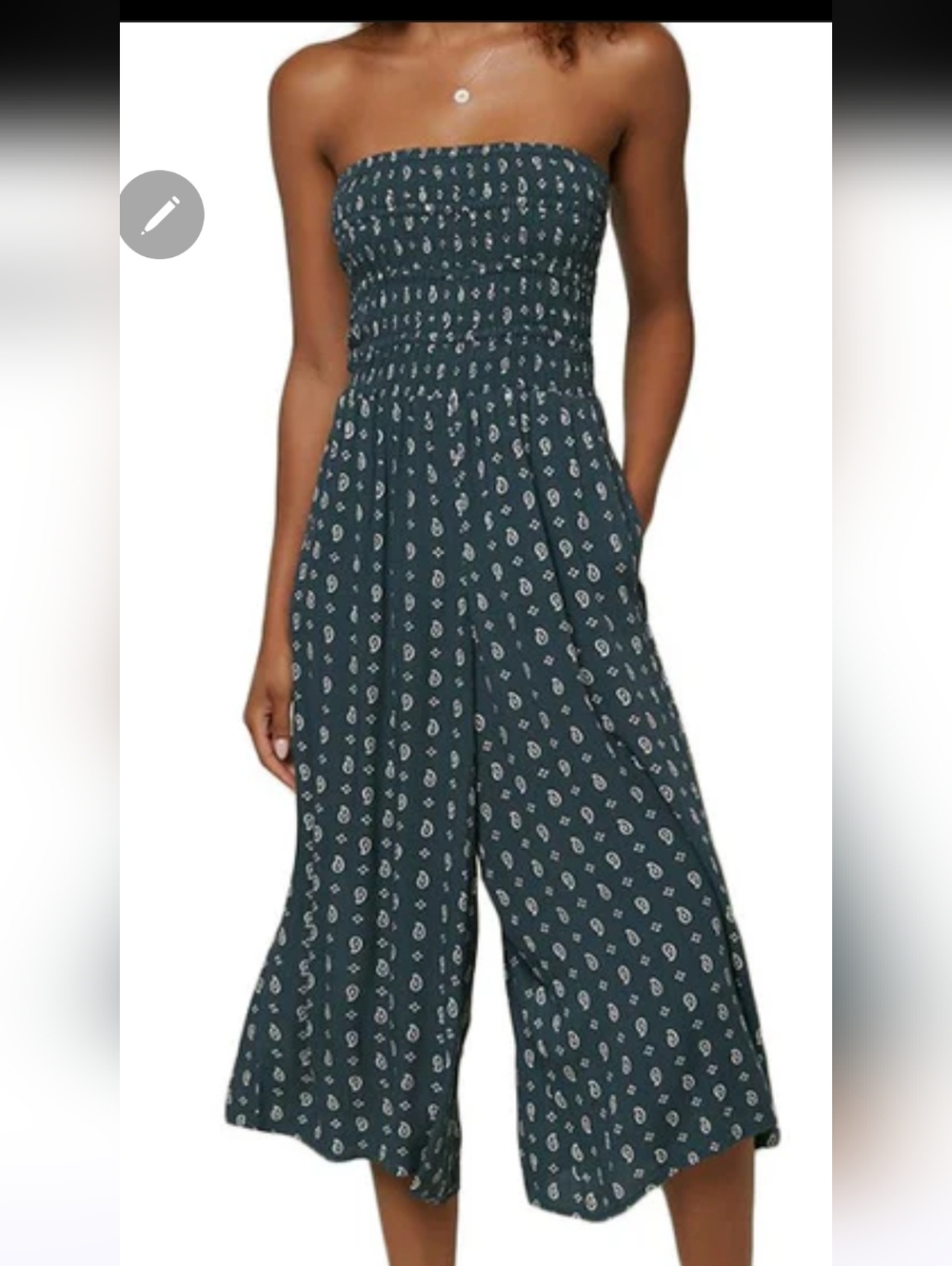 O'neill SLATE Green ALIANA Strapless SMOCKED BODICE Wide Leg JUMPSUIT